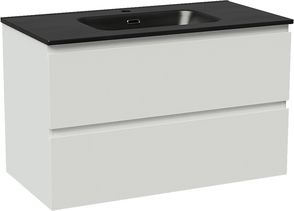 Linie Lado zwevend badmeubel 90 x 46 cm hoogglans wit met Baro enkele wastafel in porselein mat zwart