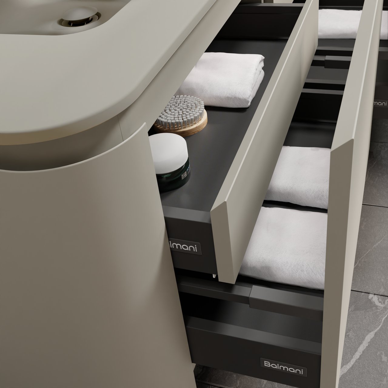 Balmani Moon hängendes Möbelstück Set: 130 x 55 cm, Seidengrau, mit Moon Einzelwaschtisch, Top Solid Seidengrau