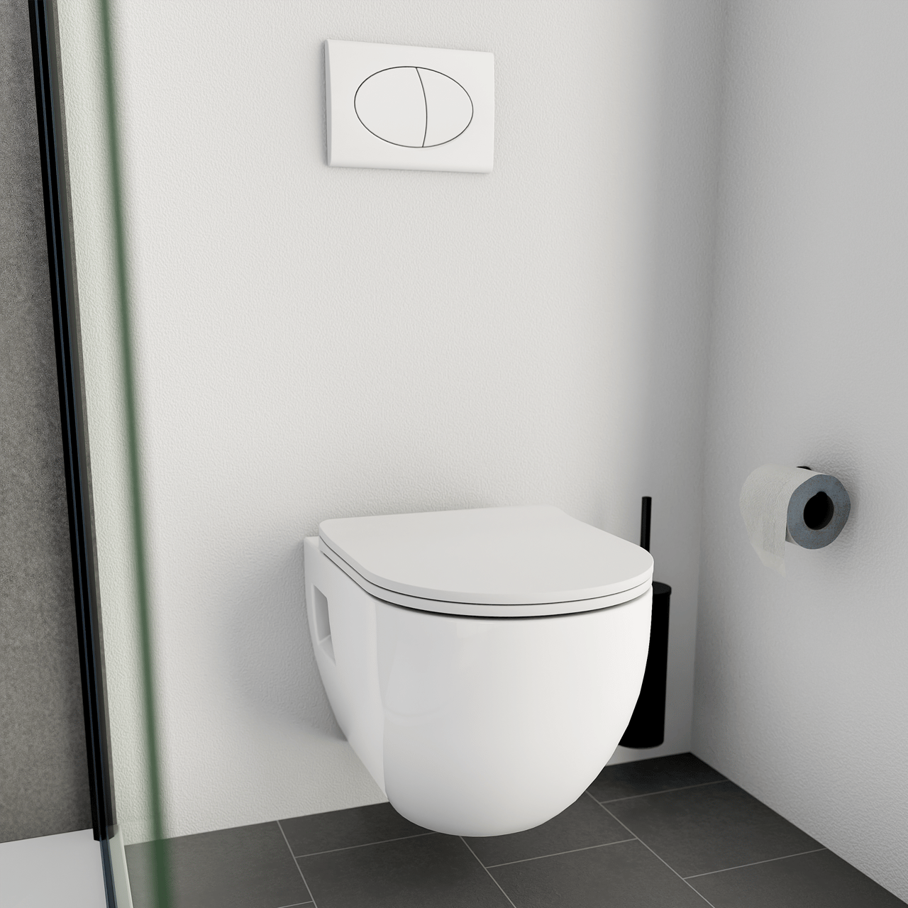 Linie Waldo wc suspendu blanc brillant sans bride avec Linie Ilana bâti-support et plaque de commande