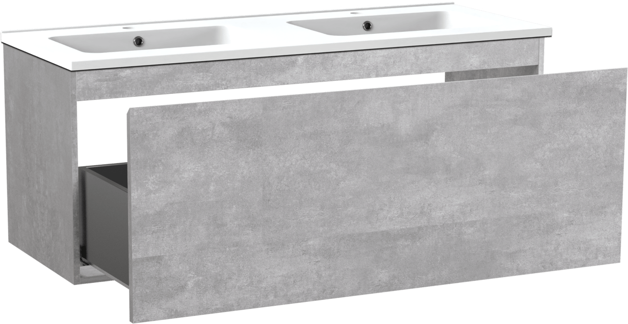 Linie Lado zwevend badmeubel 120 x 46 cm beton donkergrijs met Vano dubbele wastafel in composietmarmer mat wit