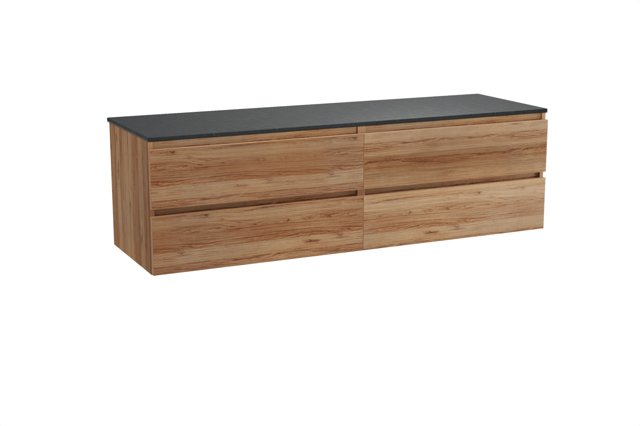 Balmani Lucida zwevend badkamermeubel 180 x 55 cm teak met Stretto enkel of dubbel tablet in graniet zwart