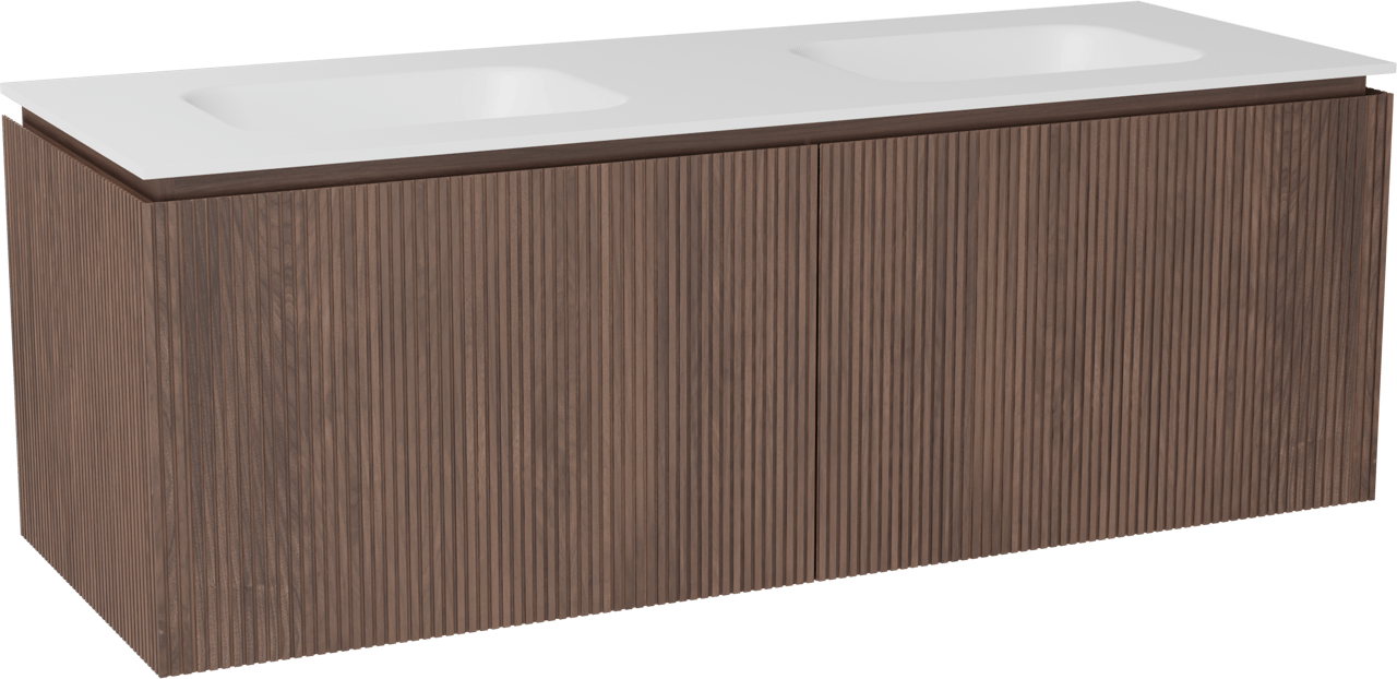 Balmani Eclips meuble salle de bains suspendu 150 x 55 cm Noyer américain avec Tablo Arcato double vasque en Solid Surface blanc mat, Nervure droite symétrique verticale