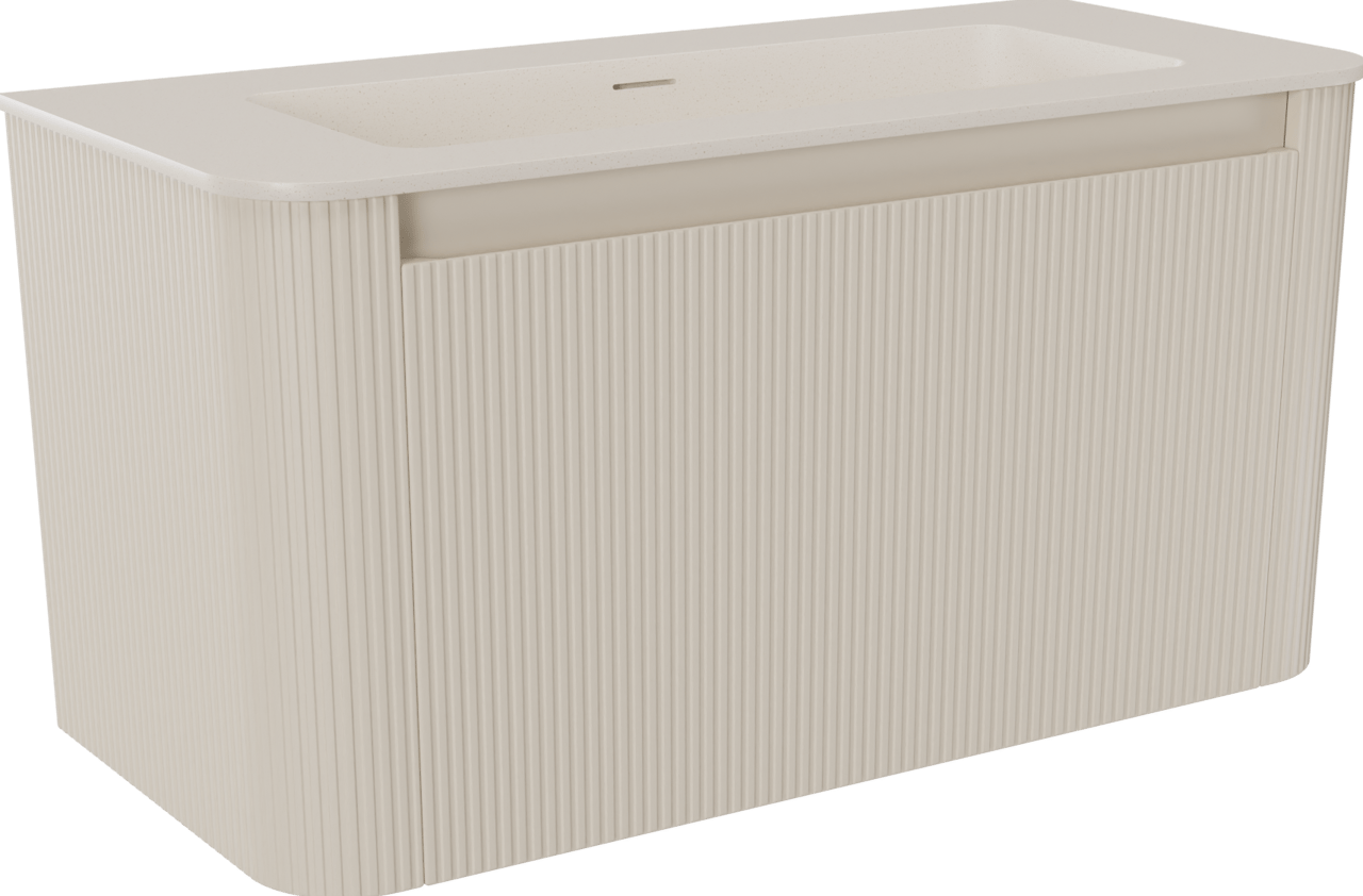 Storke Soft zwevend badmeubel 100 x 46 cm Sand mat met Mata Soft enkele wastafel in solid surface beige granita, Verticale symmetrische rechte ribbel
