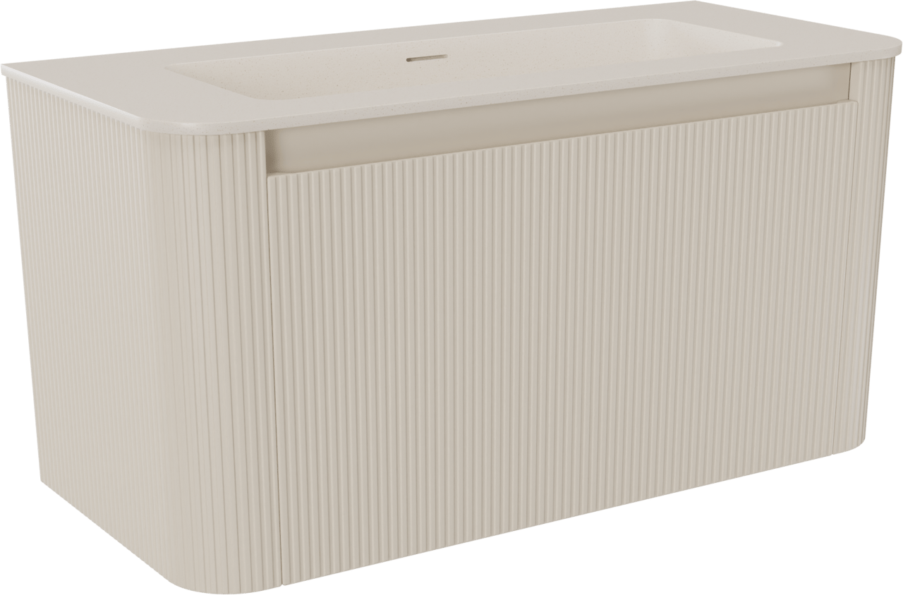 Storke Soft hängendes Möbelstück Set: 100 x 46 cm, Sand Matt, mit Mata Soft Einzelwaschtisch Solid Surface Beige Granit, Vertikale symmetrische gerade Rippe