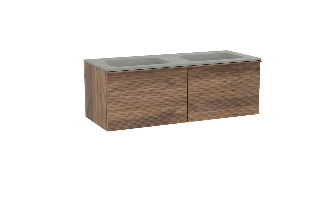 Balmani Forma hängendes Möbelstück Set: 135 x 55 cm, Amerikanischer Nussbaum, mit Tablo Strada Doppelwaschtisch, Marmorkomposit, Seidengrau, Horizontale symmetrische gerade Rippe