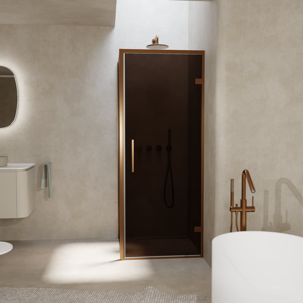 Balmani Senses Design douche en coin avec porte pivotante à droite et paroi latérale fixe, 90 x 100 cm, Bronze, Profil Brushed Rosegold, coating inclus, coating inclus