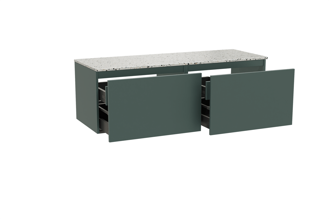 Balmani Sfera hängendes Möbelstück Set: 150 x 55 cm, Forest, mit Stretto Einzel- oder Doppel Waschtischplatte, Terrazzo in Weiß/Schwarz matt