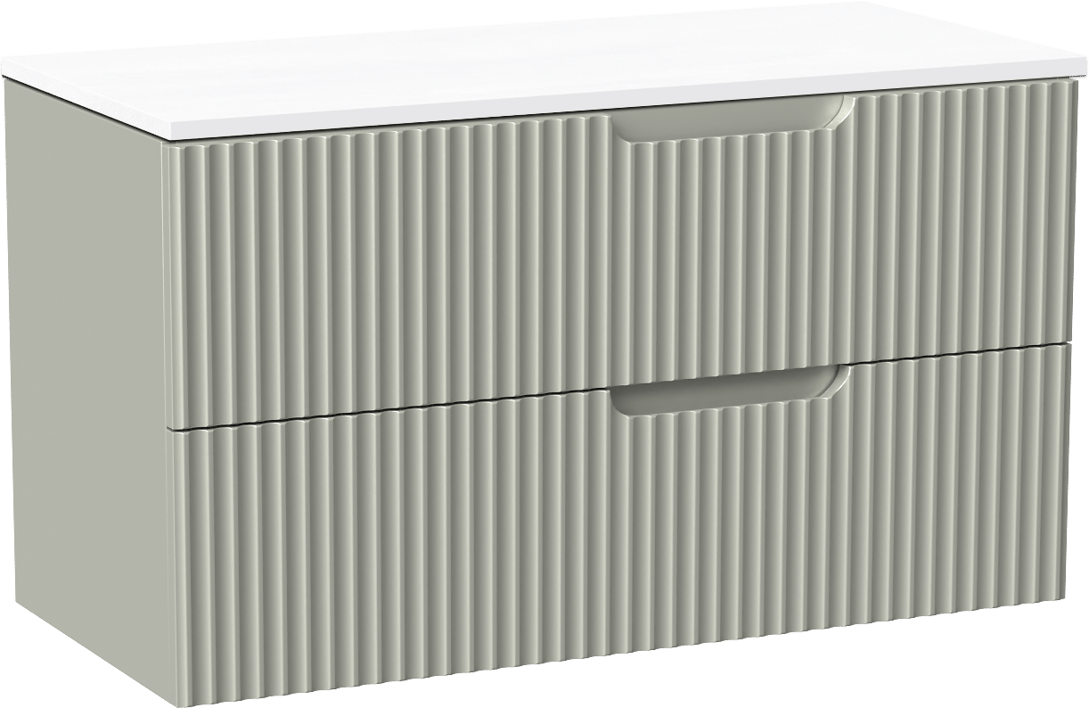 Linie Ribbo meuble salle de bains suspendu 100 x 46 cm greige avec Lado tablette simple ou double en marbre composite blanc brillant, Nervure circulaire symétrique verticale