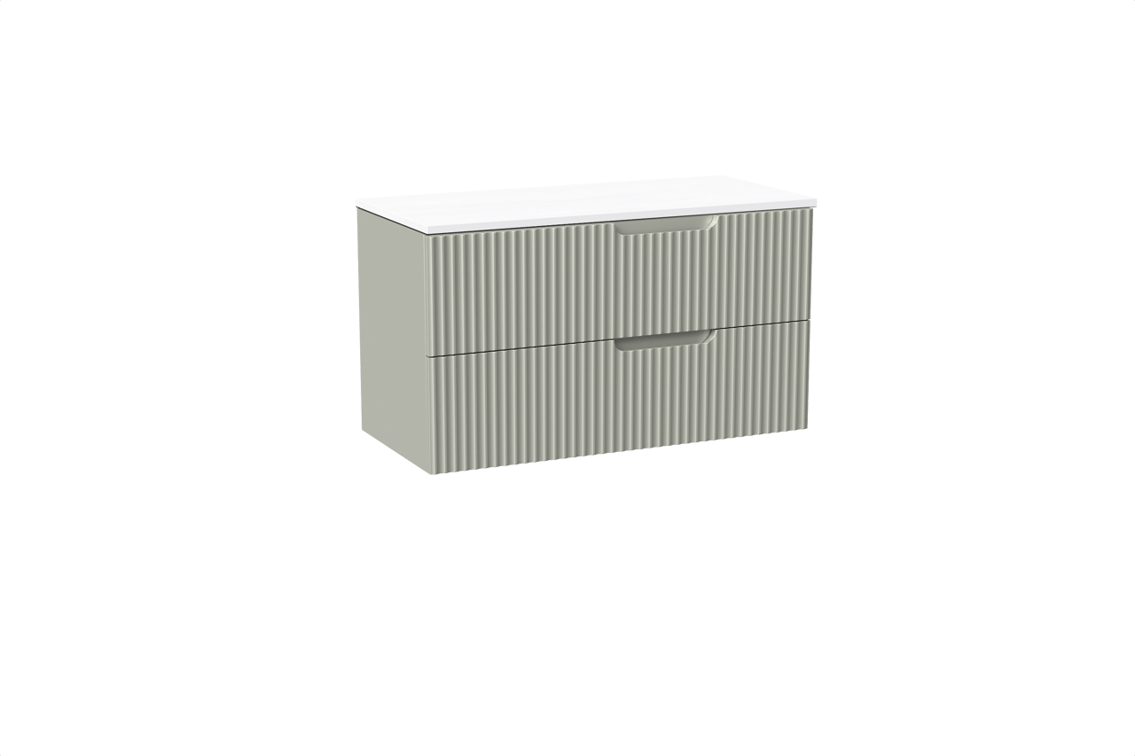 Linie Ribbo hängendes Möbelstück Set: 100 x 46 cm, Greige, mit Lado Einzel- oder Doppel Waschtischplatte, Marmorkomposit, Weiß glänzend, Vertikale symmetrische runde Rippe