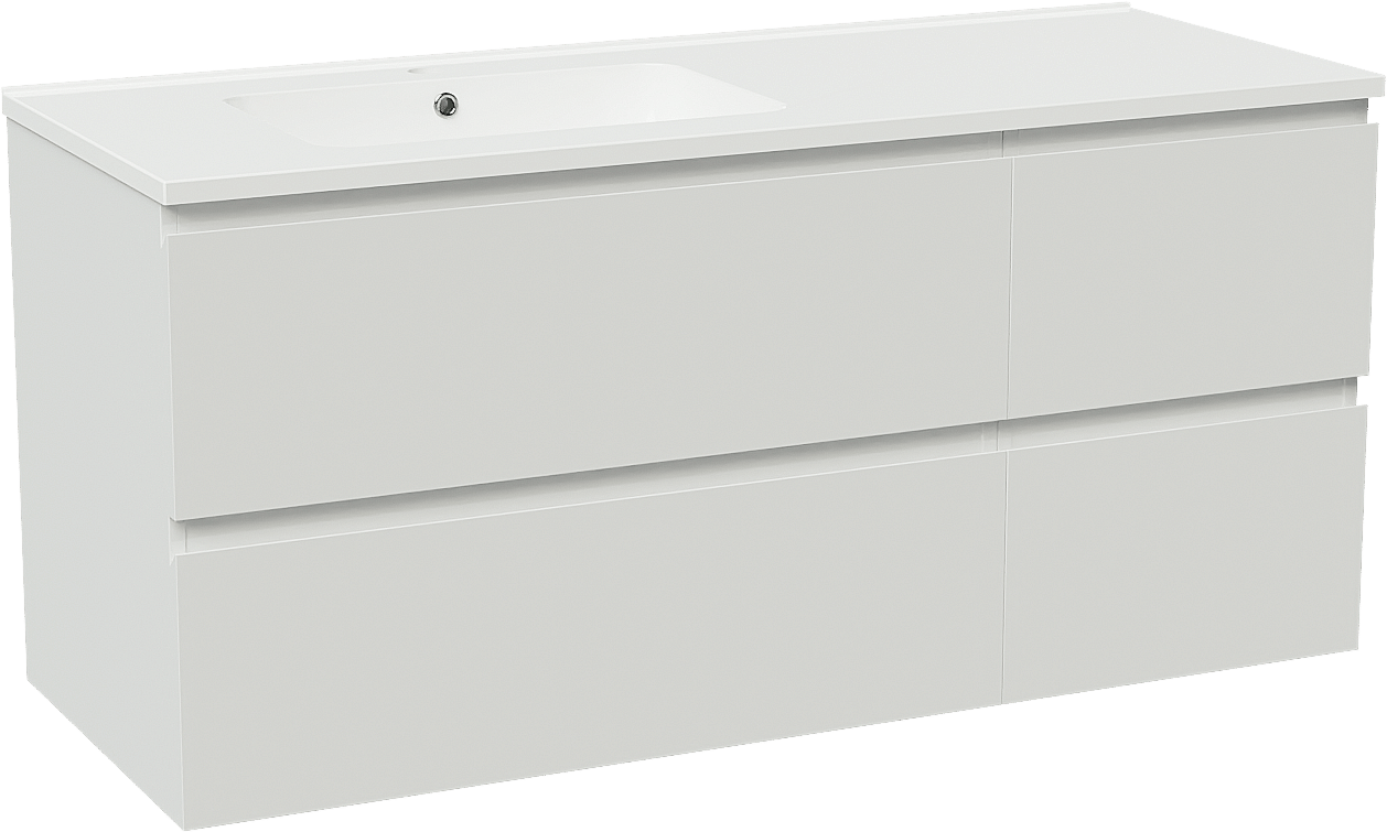 Linie Lado zwevend badkamermeubel 120 x 46 cm glanzend wit met Vano asymmetrisch linkse wastafel in composietmarmer glanzend wit