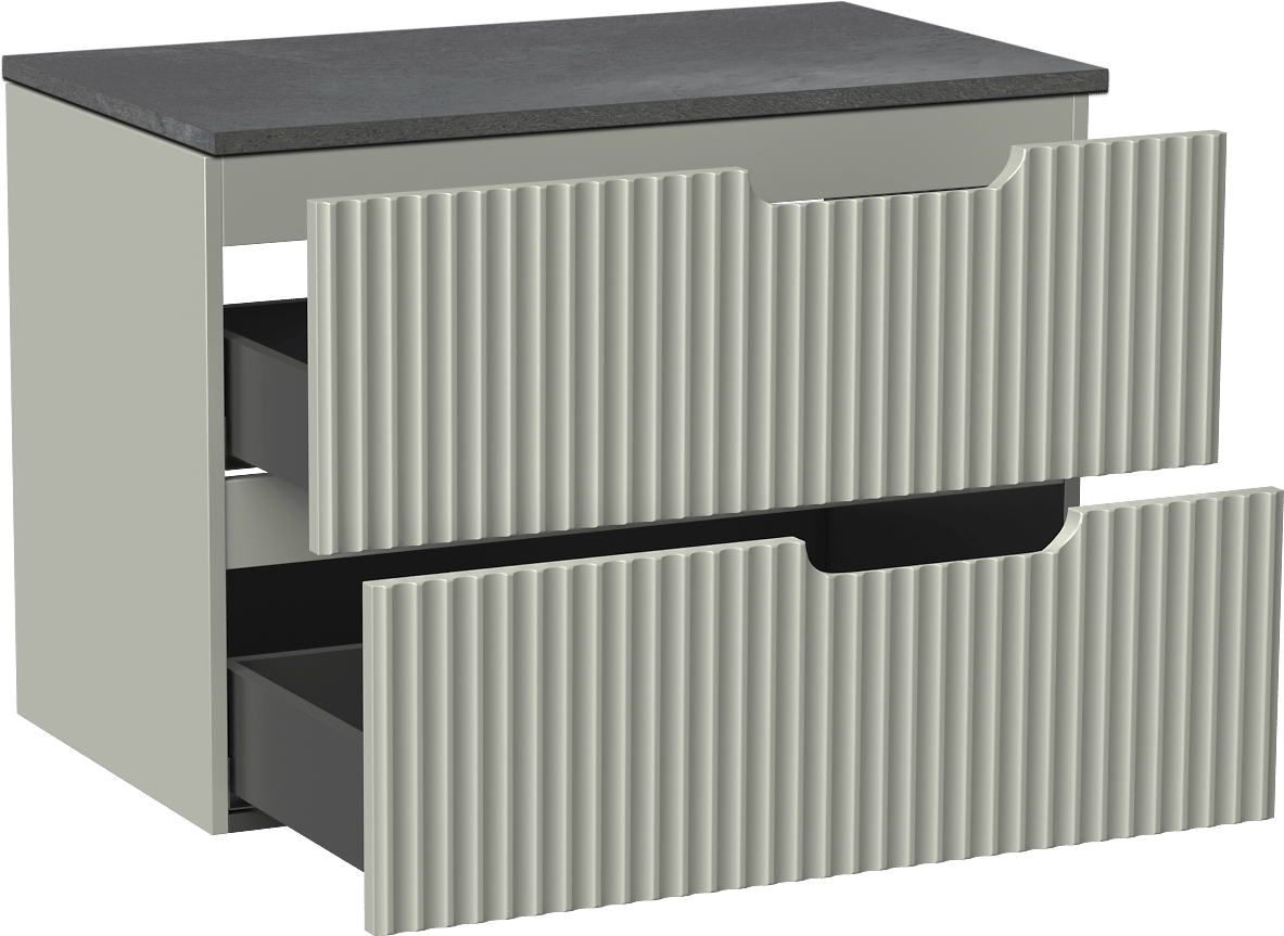 Linie Ribbo meuble salle de bains suspendu 80 x 46 cm greige avec Lado tablette simple en mélaminé ardoise gris, Nervure circulaire symétrique verticale