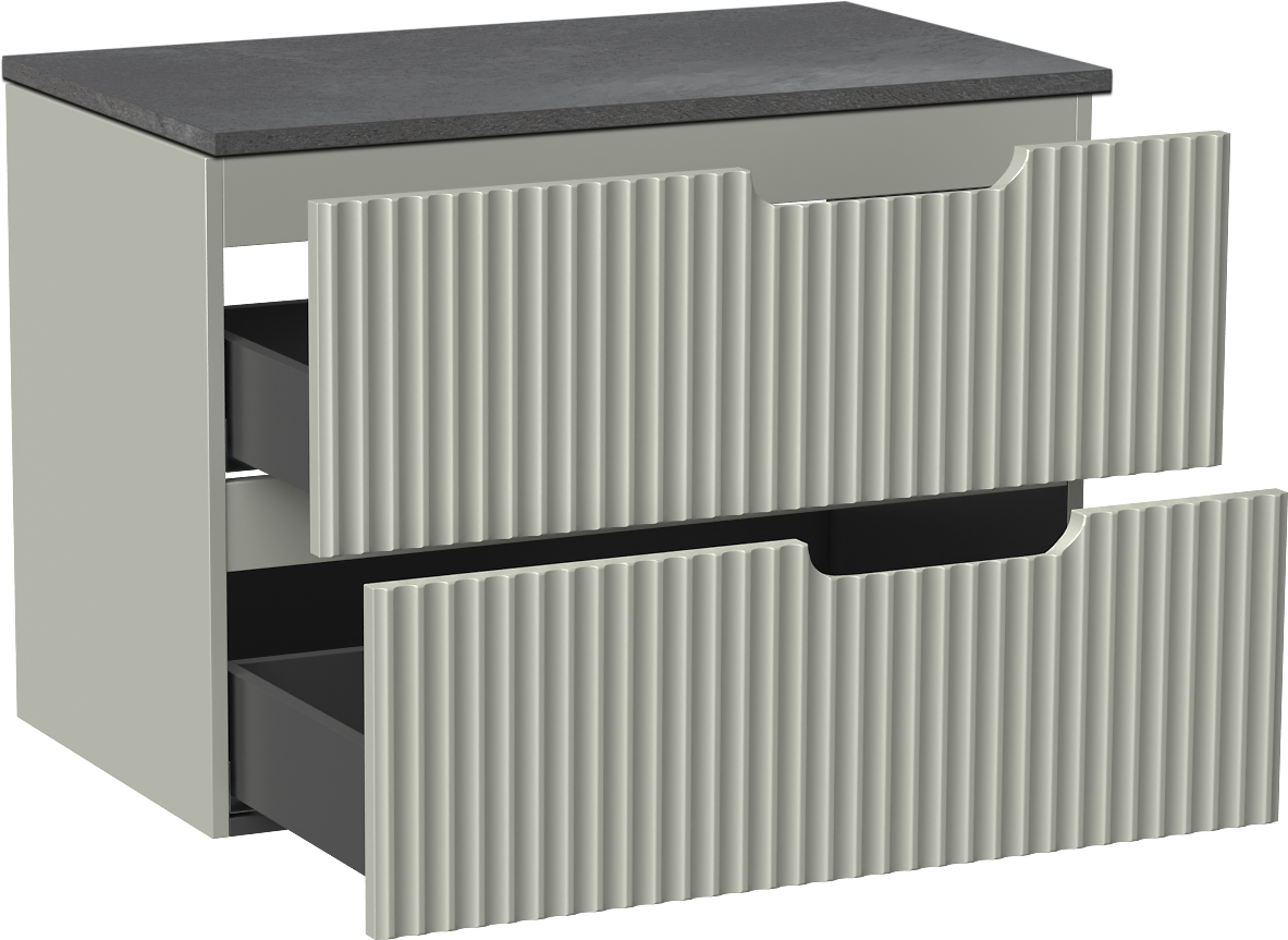 Linie Ribbo zwevend badkamermeubel 80 x 46 cm greige met Lado enkel tablet in melamine leisteen grijs, Verticale symmetrische ronde ribbel