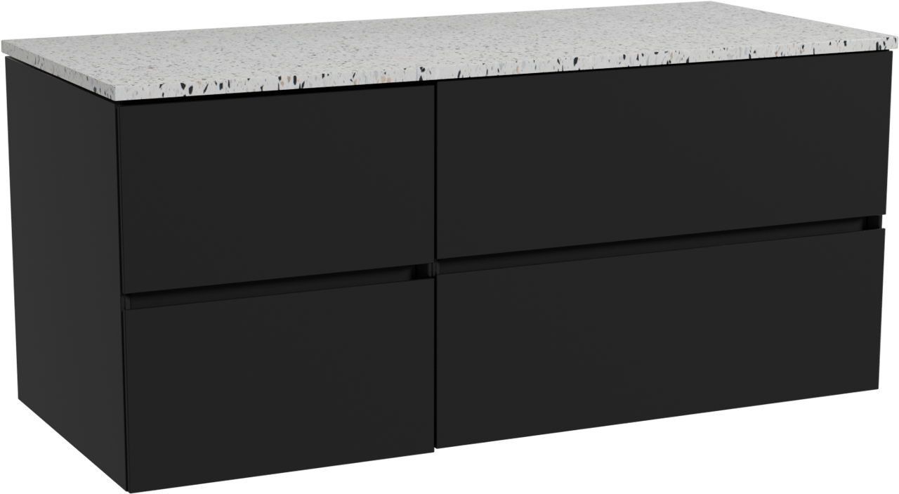 Storke Edge hängendes Möbelstück Set: 120 x 52 cm, Schwarz matt, mit Tavola Einzel- oder Doppel Waschtischplatte, Terrazzo in Weiß/Schwarz matt