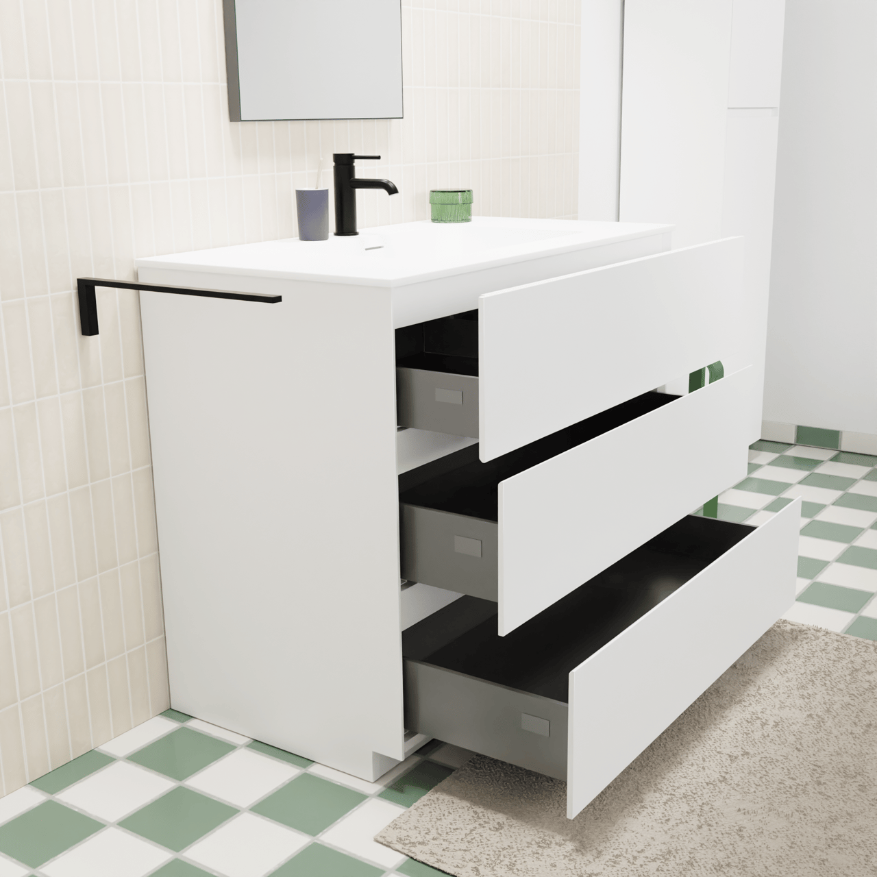 Storke Edge freistehendes Möbelstück Set: 95 x 52 cm, Weiß matt, mit Mata Einzelwaschtisch, Solid Surface Weiß matt