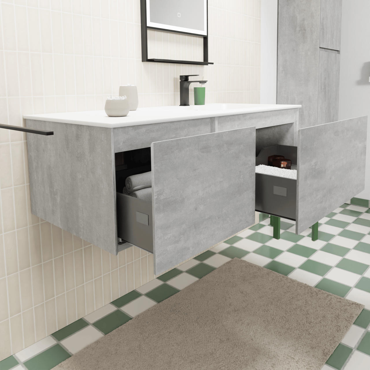 Storke Edge meuble salle de bains suspendu 110 x 52 cm béton gris foncé avec Mata plan vasque asymétrique à droite en solid surface blanc mat