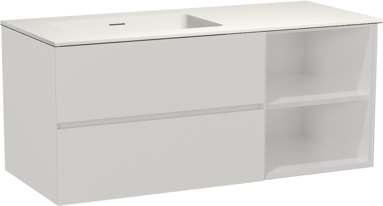 Storke Edge meuble salle de bains suspendu 120 x 52 cm blanc brillant avec Mata plan vasque asymétrique à gauche en solid surface blanc mat