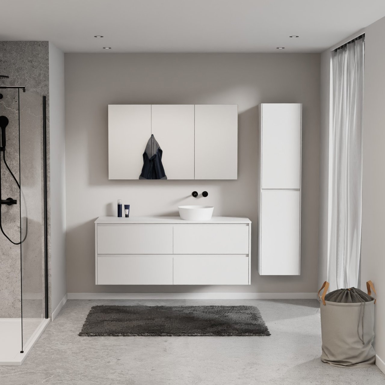 Storke Seda meuble salle de bains suspendu 150 x 52 cm blanc mat avec Tavola tablette simple ou double en solid surface blanc mat