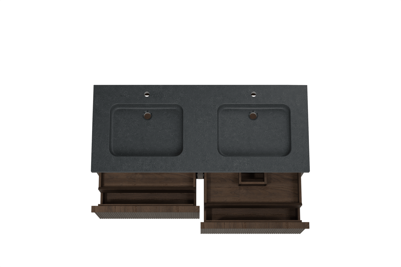 Balmani Forma hängendes Möbelstück Set: 135 x 55 cm, Geräucherte Eiche, mit Napoli Doppelwaschtisch, Granit, Schwarzes Granit, Vertikale symmetrische gerade Rippe