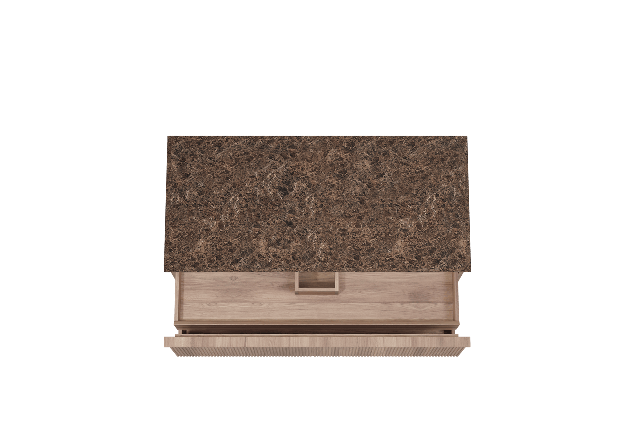 Balmani Forma zwevend badkamermeubel 120 x 55 cm teak met Stretto enkel of dubbel tablet in marmer dark emperador, Verticale symmetrische rechte ribbel