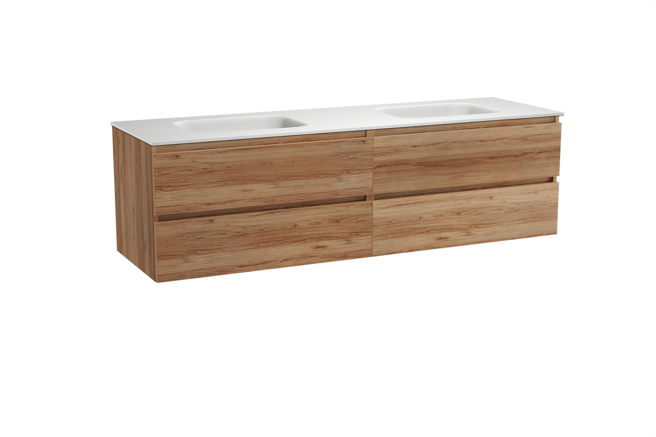 Balmani Lucida hängendes Möbelstück Set: 180 x 55 cm, Teak, mit Tablo Arcato Doppelwaschtisch, Solid Surface Weiß matt