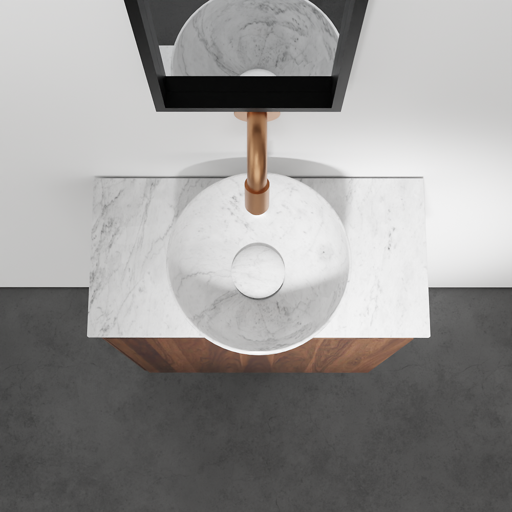 Balmani Mitra hängendes WC-Möbel-Set, 42 x 21 cm, amerikanischer Nussbaum, mit Facetta Waschtischplatte und Bari XS Aufsatzbecken in Carrara-Marmor
