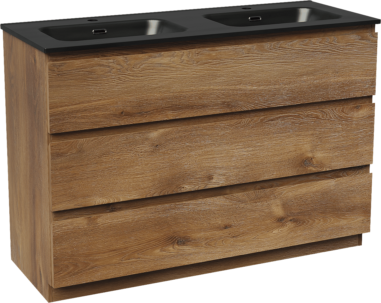 Linie Lado freistehendes Möbelstück Set: 120 x 46 cm, Braune Eiche, mit Baro Doppelwaschtisch, Porzellan Schwarz matt