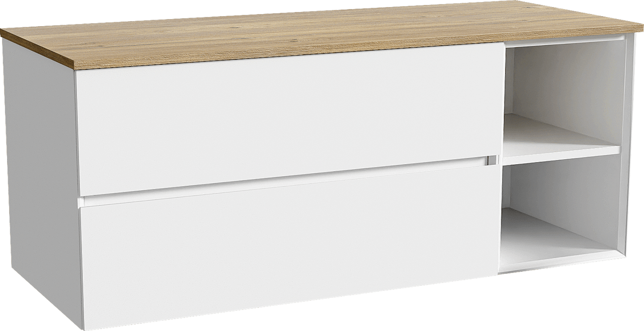 Storke Edge zwevend badkamermeubel 130 x 52 cm mat wit met Panton enkel of dubbel tablet in melamine ruwe eik