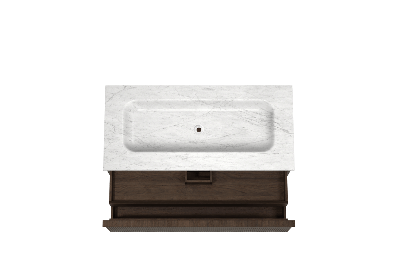 Balmani Forma hängendes Möbelstück Set: 120 x 55 cm, Geräucherte Eiche, mit Tablo Arcato Einzelwaschtisch, Marmor, Carrara, Vertikale symmetrische gerade Rippe
