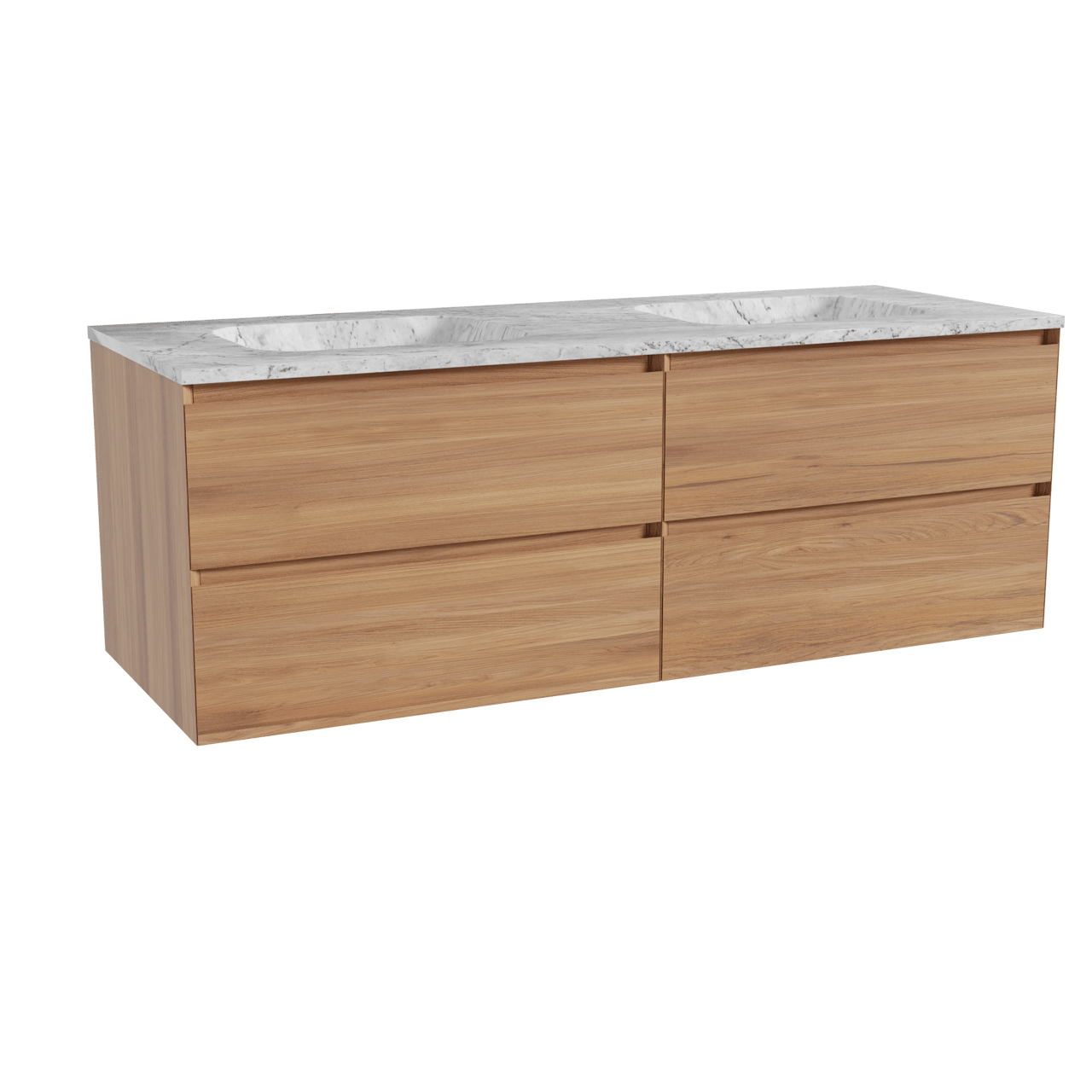 Balmani Mitra hängendes Möbelstück Set: 150 x 55 cm, Teak, mit Tablo Arcato Doppelwaschtisch, Marmor Carrara