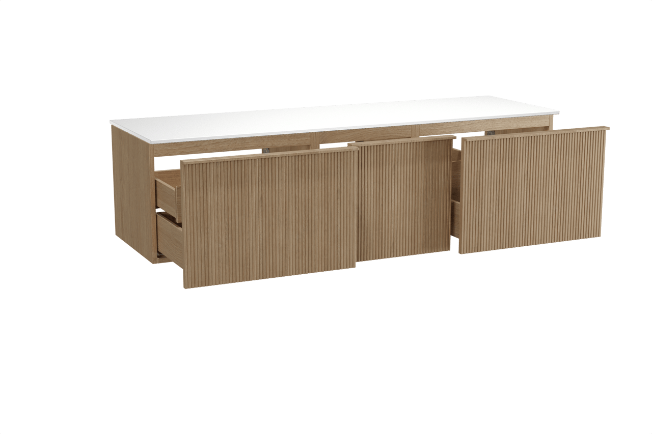 Balmani Forma meuble salle de bains suspendu 180 x 55 cm chêne naturel avec Stretto tablette simple ou double en solid surface blanc mat, Nervure droite symétrique verticale