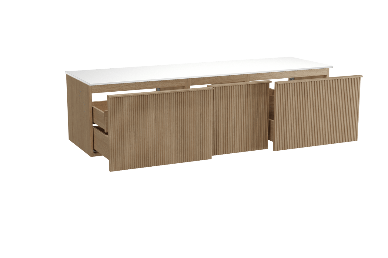 Balmani Forma zwevend badmeubel 180 x 55 cm naturel eiken met Stretto enkel of dubbel wastafelblad in solid surface mat wit, Verticale symmetrische rechte ribbel