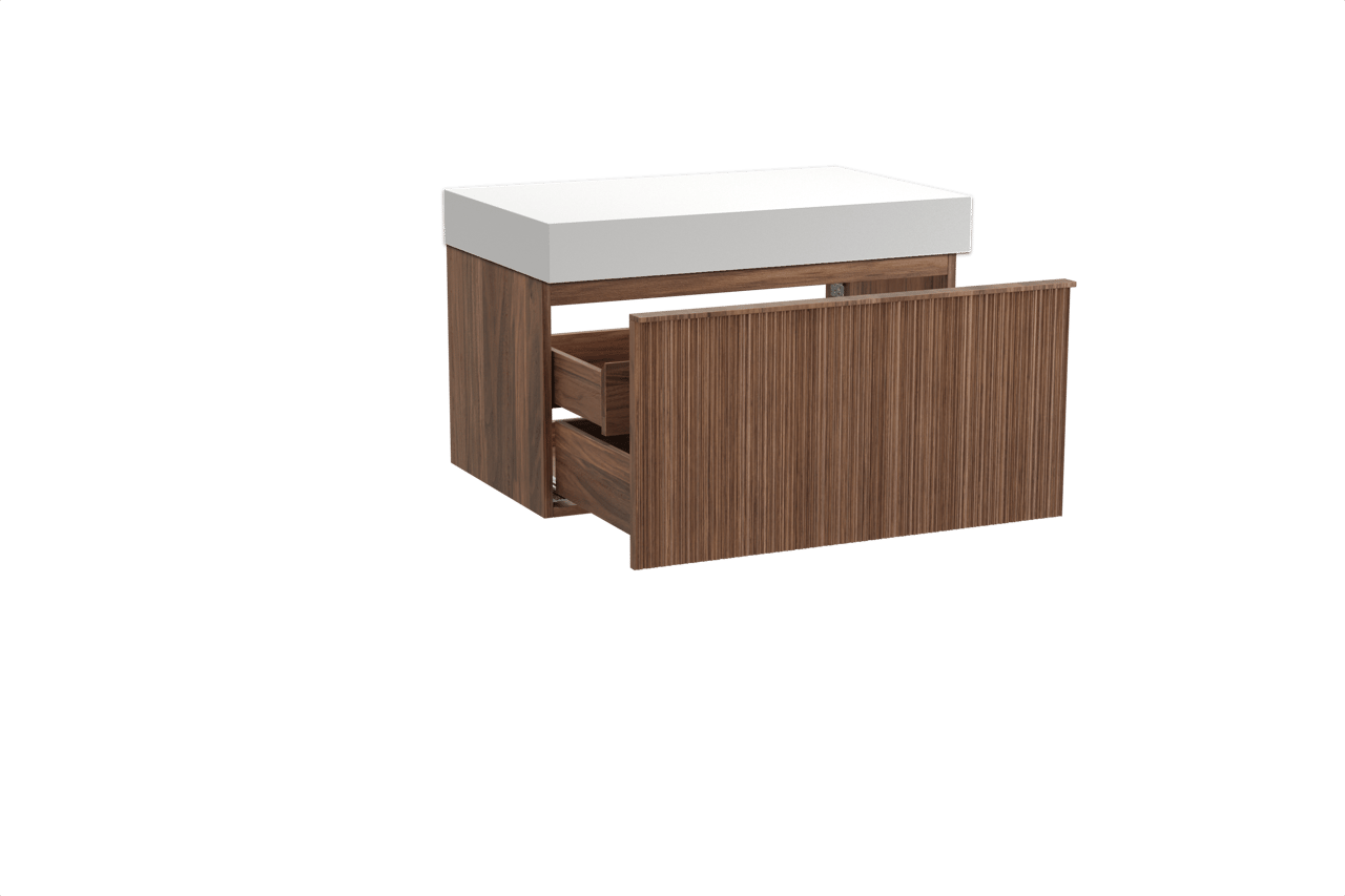 Balmani Forma meuble salle de bains suspendu 90 x 55 cm noyer américain avec Dominus tablette simple en solid surface blanc mat, Nervure circulaire asymétrique verticale