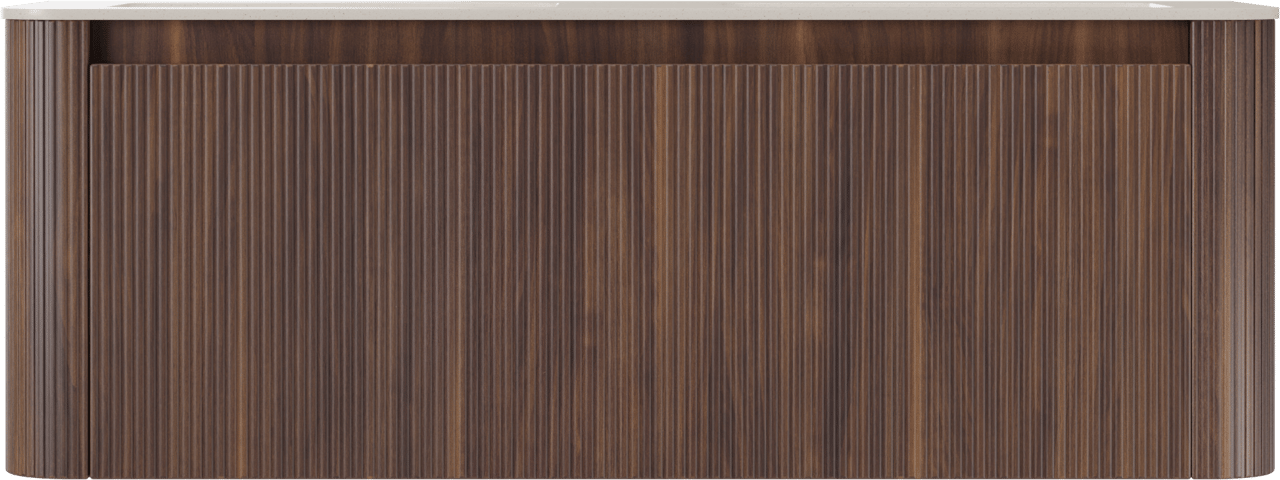 Storke Soft zwevend badmeubel 140 x 46 cm notenhout met Mata Soft dubbele wastafel in solid surface beige granita, Verticale symmetrische rechte ribbel