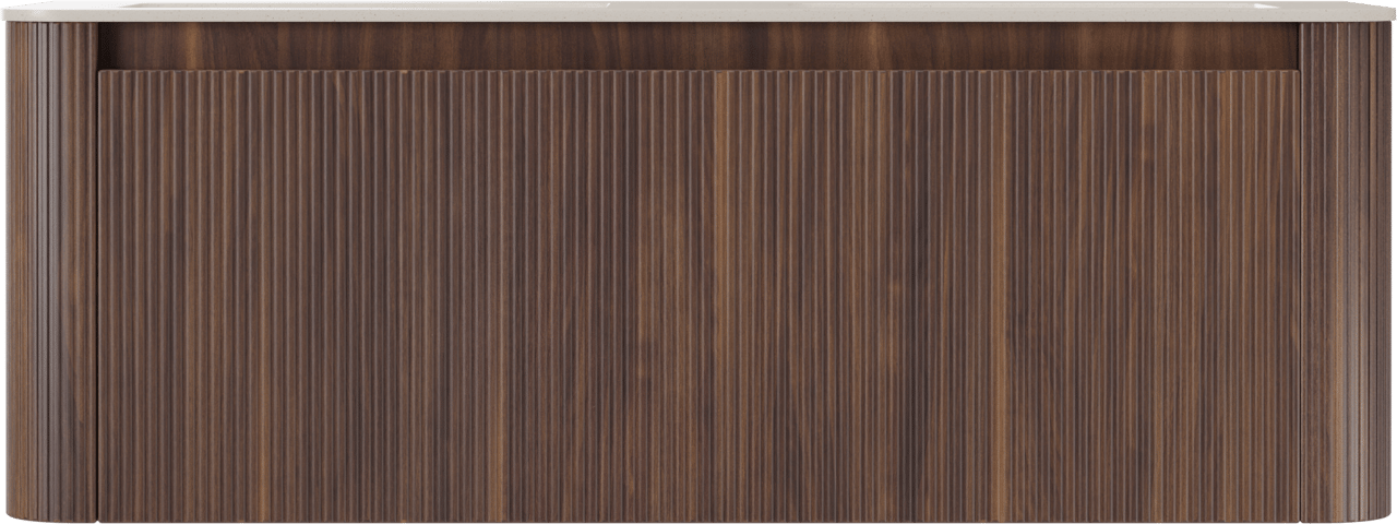 Storke Soft hängendes Möbelstück Set: 140 x 46 cm, Nussbaum, mit Mata Soft Doppelwaschtischplatte Solid Surface Beige Granit, Vertikale symmetrische gerade Rippe