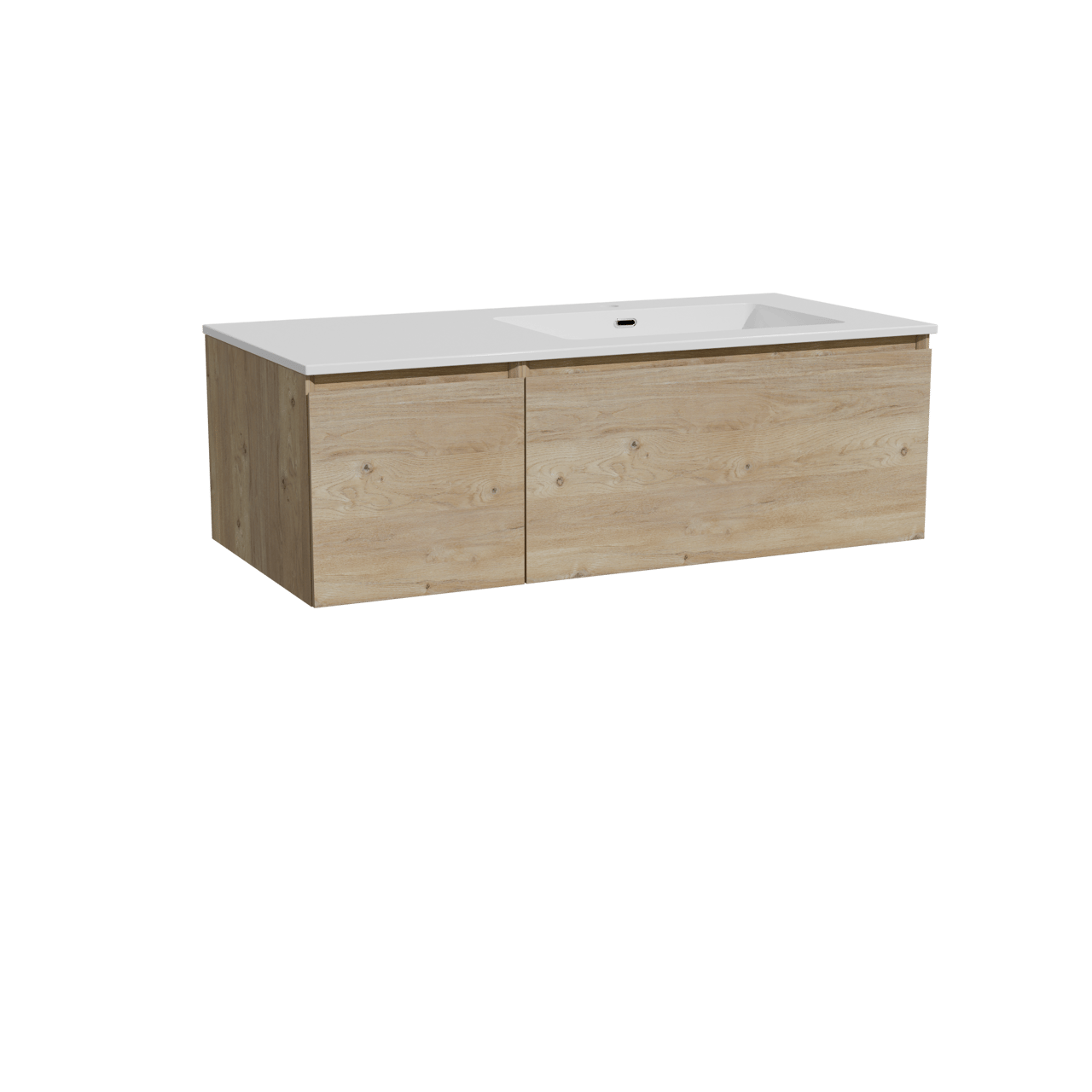 Storke Edge zwevend badkamermeubel 110 x 52 cm ruwe eik met Diva asymmetrisch rechtse wastafel in composietmarmer glanzend wit