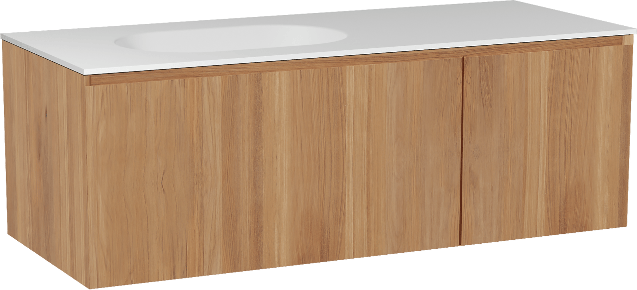 Balmani Idra hängendes Möbelstück Set: 135 x 55 cm, Teak, mit Tablo Oval Waschtisch links, Solid Surface Weiß matt