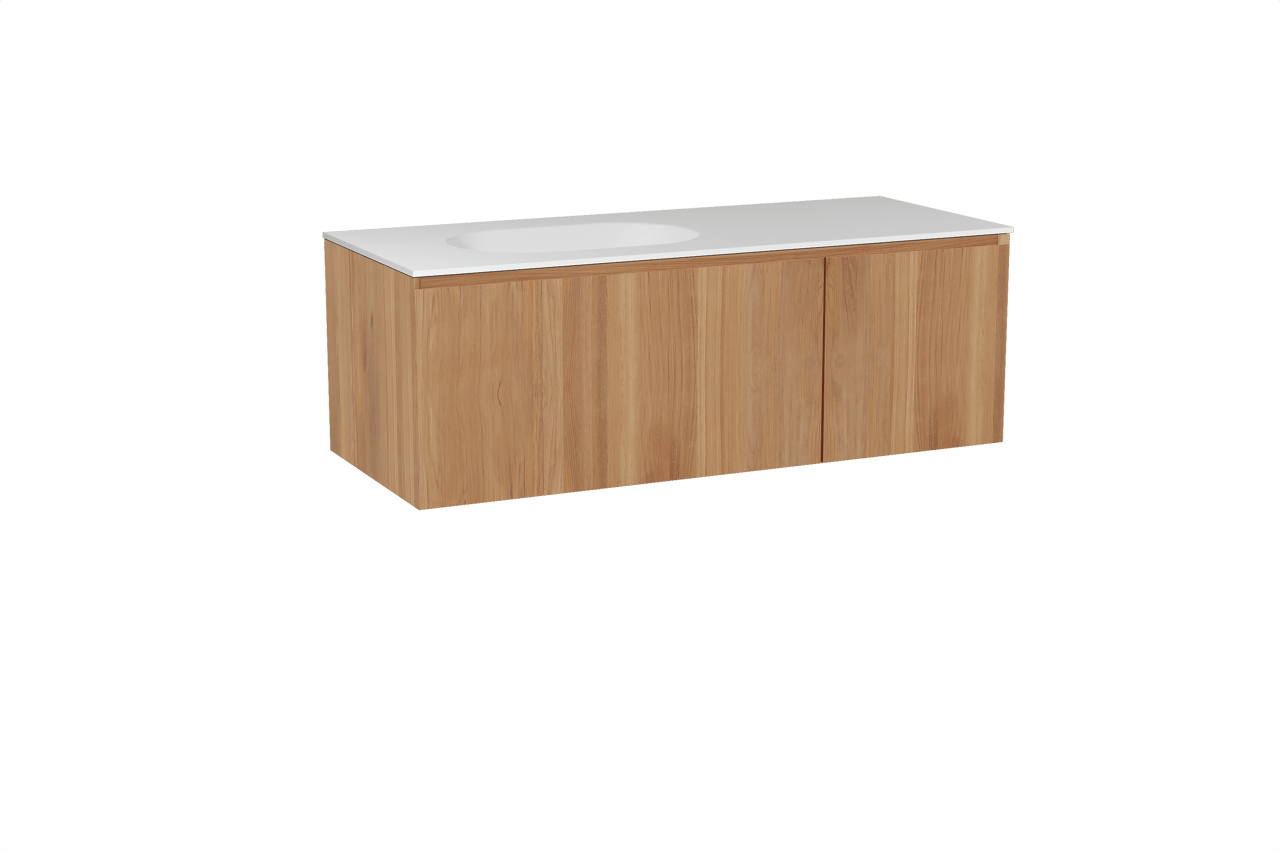 Balmani Idra meuble salle de bains suspendu 135 x 55 cm teck avec Tablo Oval plan vasque asymétrique à gauche en solid surface blanc mat