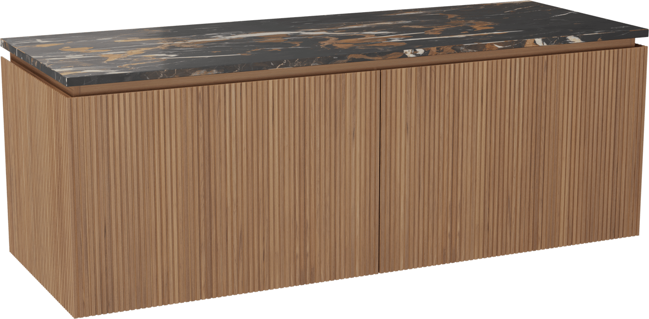 Balmani Eclips meuble salle de bains suspendu 150 x 55 cm Teck avec Stretto tablette simple ou double en Portoro Gold marbre, Nervure droite symétrique verticale