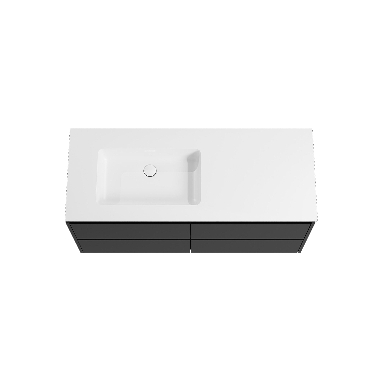 Storke Seda hängendes Möbelstück Set: 130 x 52 cm, Schwarz matt, mit Mata Waschtisch links, Solid Surface Weiß matt