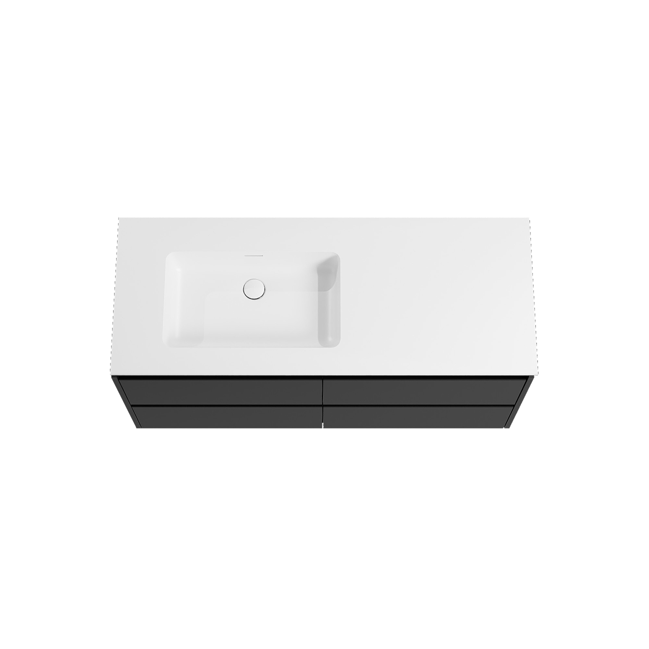 Storke Seda hängendes Möbelstück Set: 130 x 52 cm, Schwarz matt, mit Mata Waschtisch links, Solid Surface Weiß matt