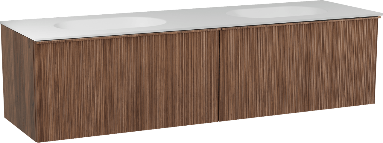 Balmani Forma zwevend badmeubel 180 x 55 cm amerikaans notenhout met Tablo Oval dubbele wastafel in solid surface mat wit, Verticale asymmetrische ronde ribbel