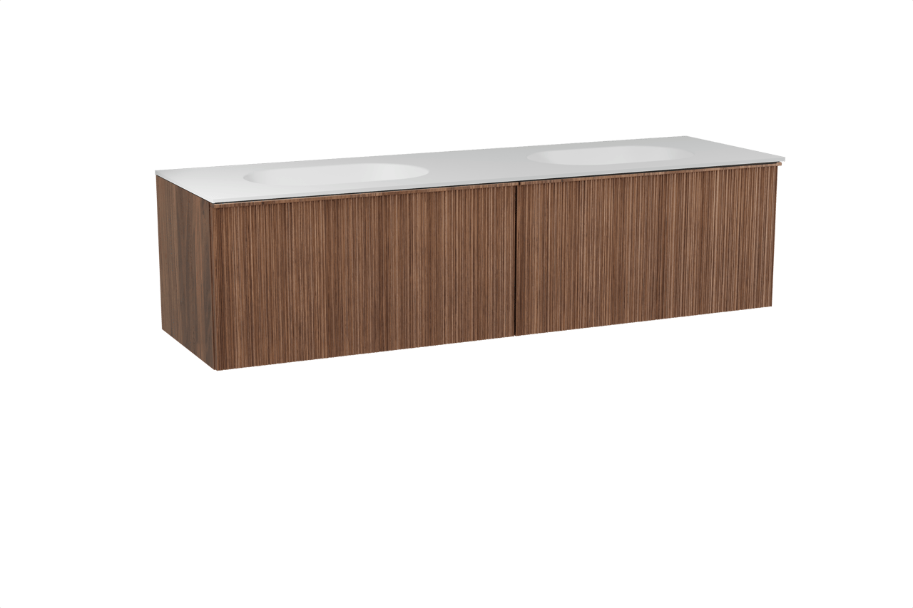 Balmani Forma hängendes Möbelstück Set: 180 x 55 cm, Amerikanischer Nussbaum, mit Tablo Oval Doppelwaschtisch, Solid Surface, Weiß matt, Vertikale asymmetrische Runde Rippe