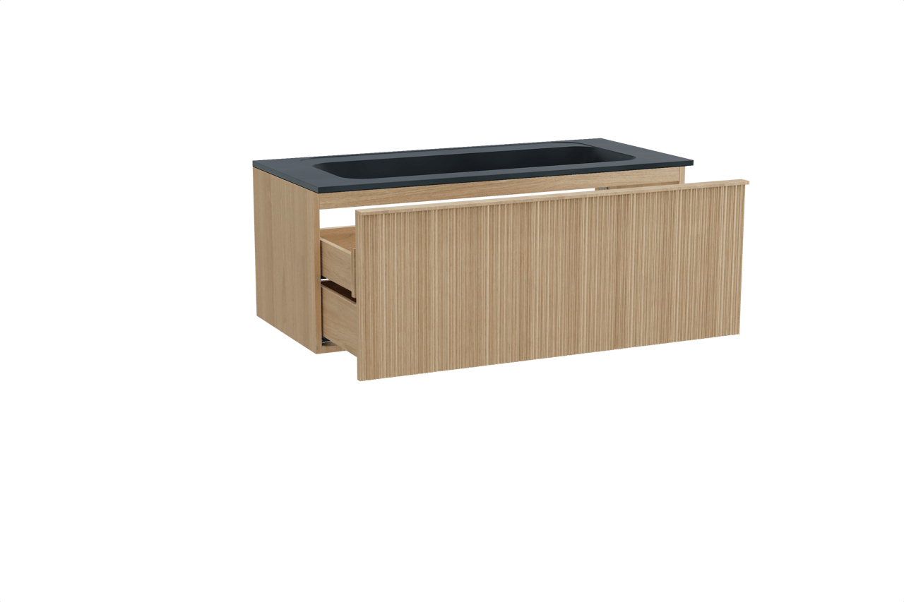 Balmani Forma hängendes Möbelstück Set: 120 x 55 cm, Naturbelassene Eiche, mit Tablo Strada Einzelwaschtisch für 2 Armaturenlöcher, Marmorkomposit, Schwarz matt, Vertikale asymmetrische Runde Rippe