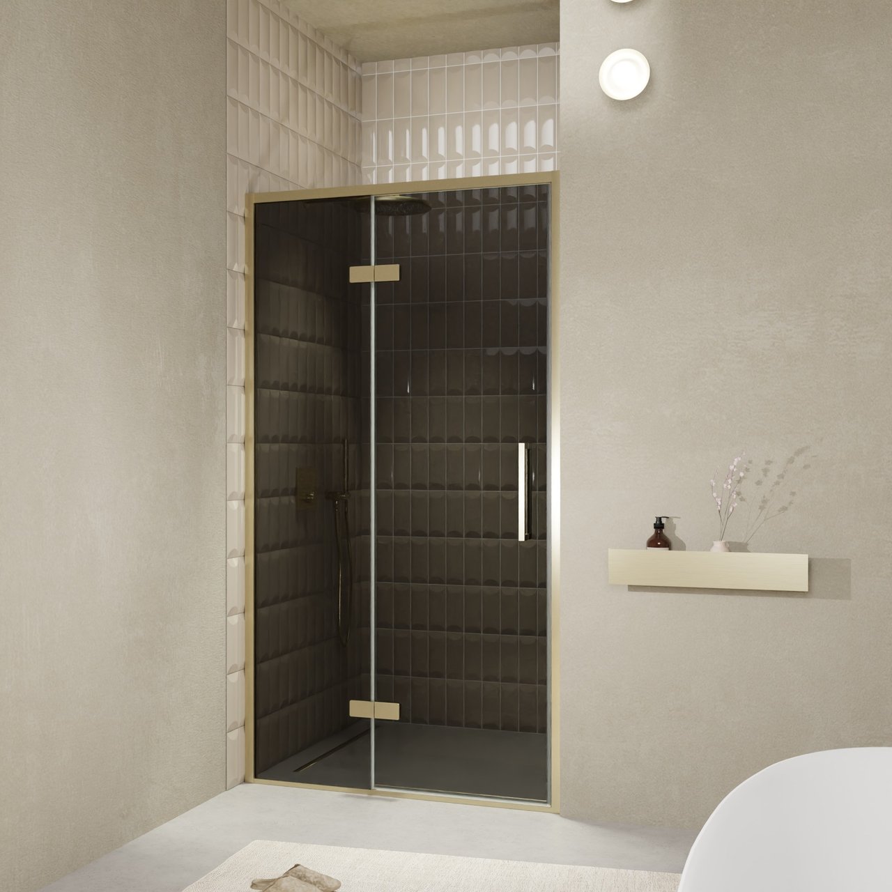Balmani Senses Design porte pivotante à gauche 120 cm x 210 cm verre fumé, Profil Brushed Champagne Gold, coating inclus