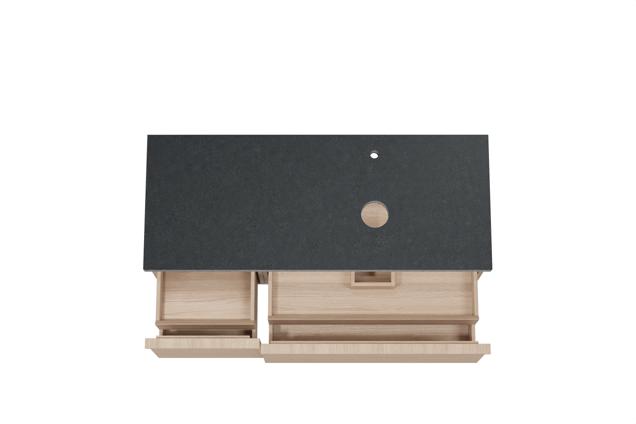 Balmani Forma hängendes Möbelstück Set: 135 x 55 cm, Naturbelassene Eiche, mit Rock Waschtisch rechts, Granit, Schwarzes Granit, Horizontale symmetrische gerade Rippe