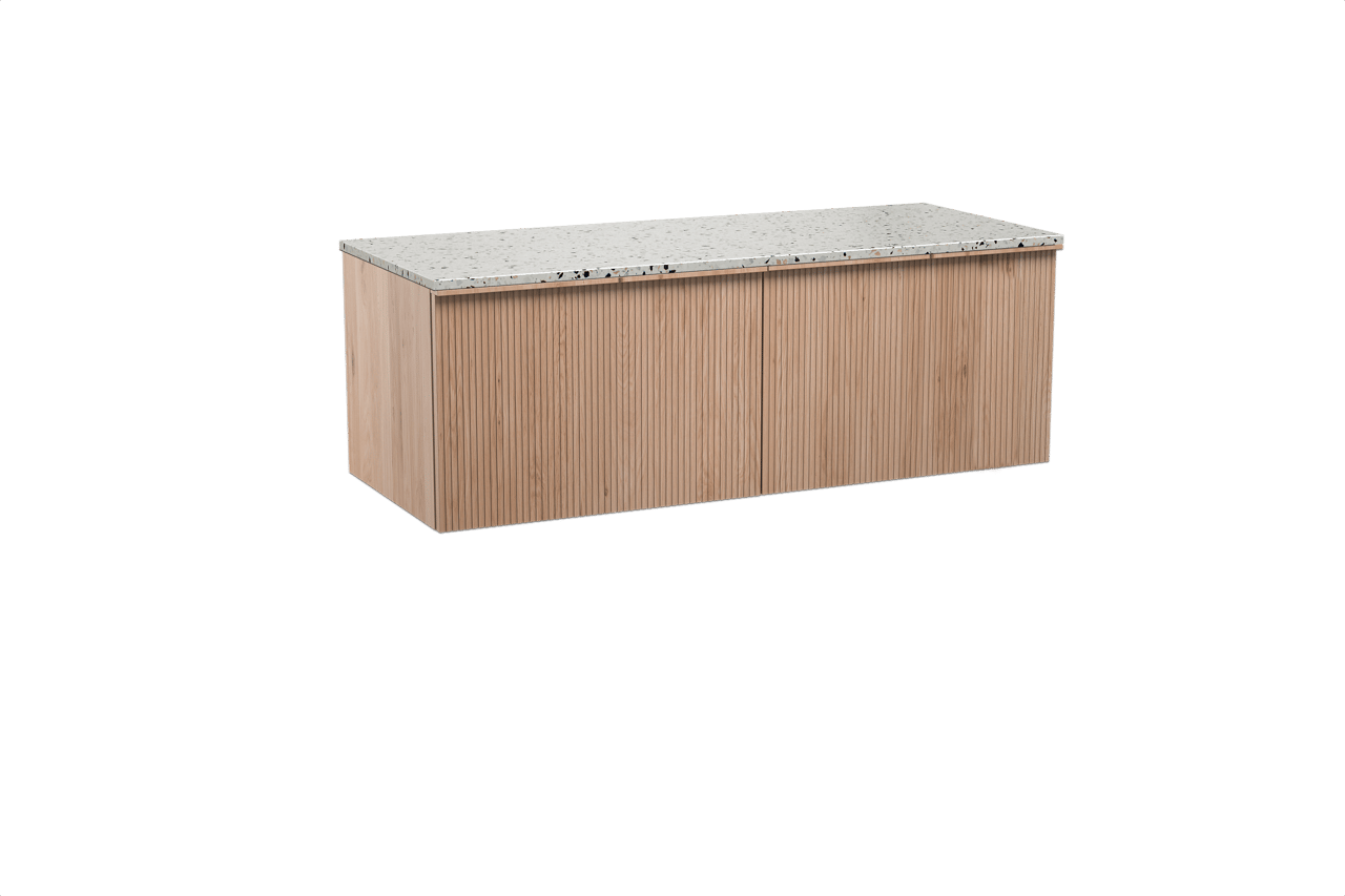 Balmani Forma meuble salle de bains suspendu 135 x 55 cm chêne naturel avec Stretto tablette simple ou double en blanc/noir mat terrazzo, Nervure droite symétrique verticale