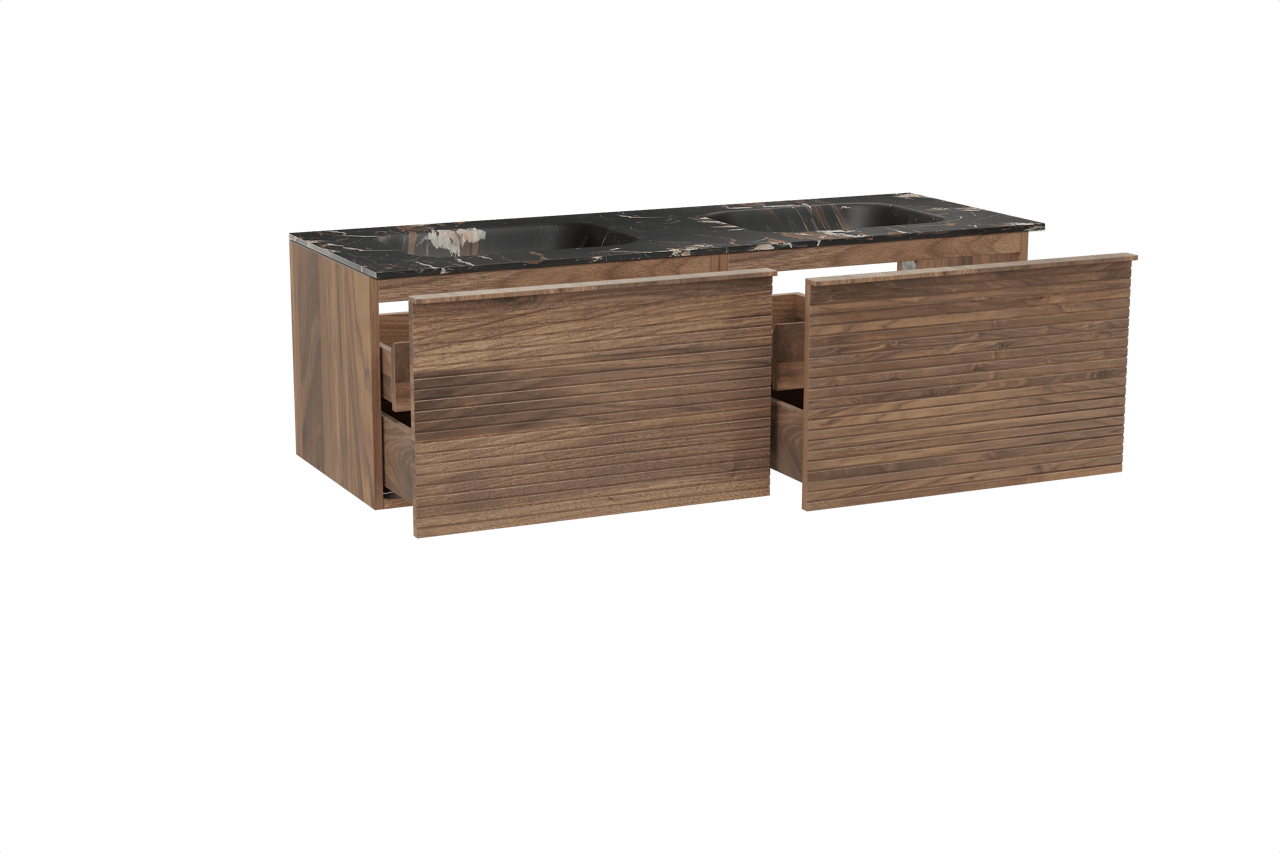 Balmani Forma hängendes Möbelstück Set: 150 x 55 cm, Amerikanischer Nussbaum, mit Tablo Arcato Doppelwaschtisch, Marmor, Portoro Gold, Horizontale symmetrische gerade Rippe