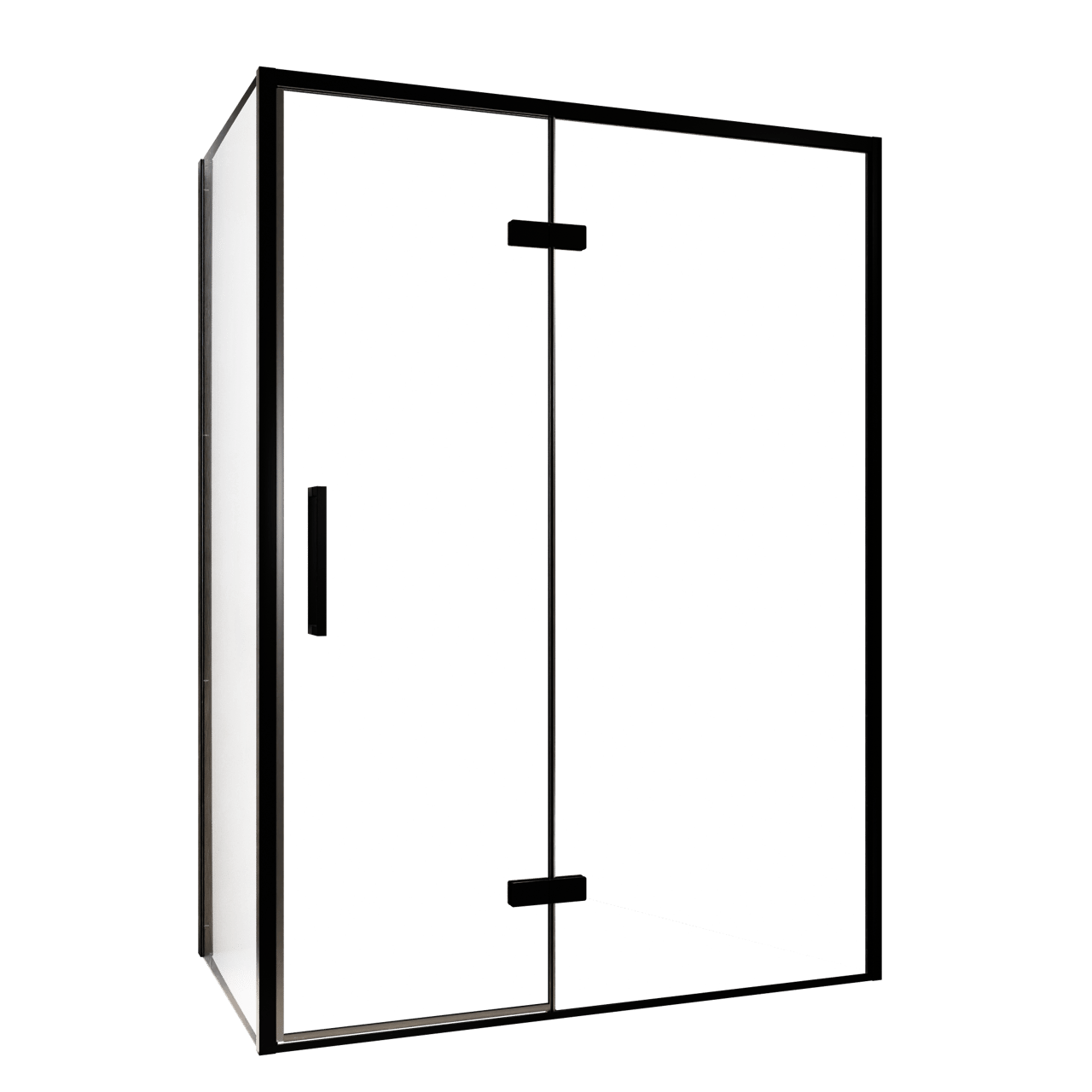 Balmani Senses Design Eckdusche: Drehtür (Rechts) mit fixierte Seitenwand, 140 x 80 cm, Klarglas, Profil Schwarz, inklusive Coating
