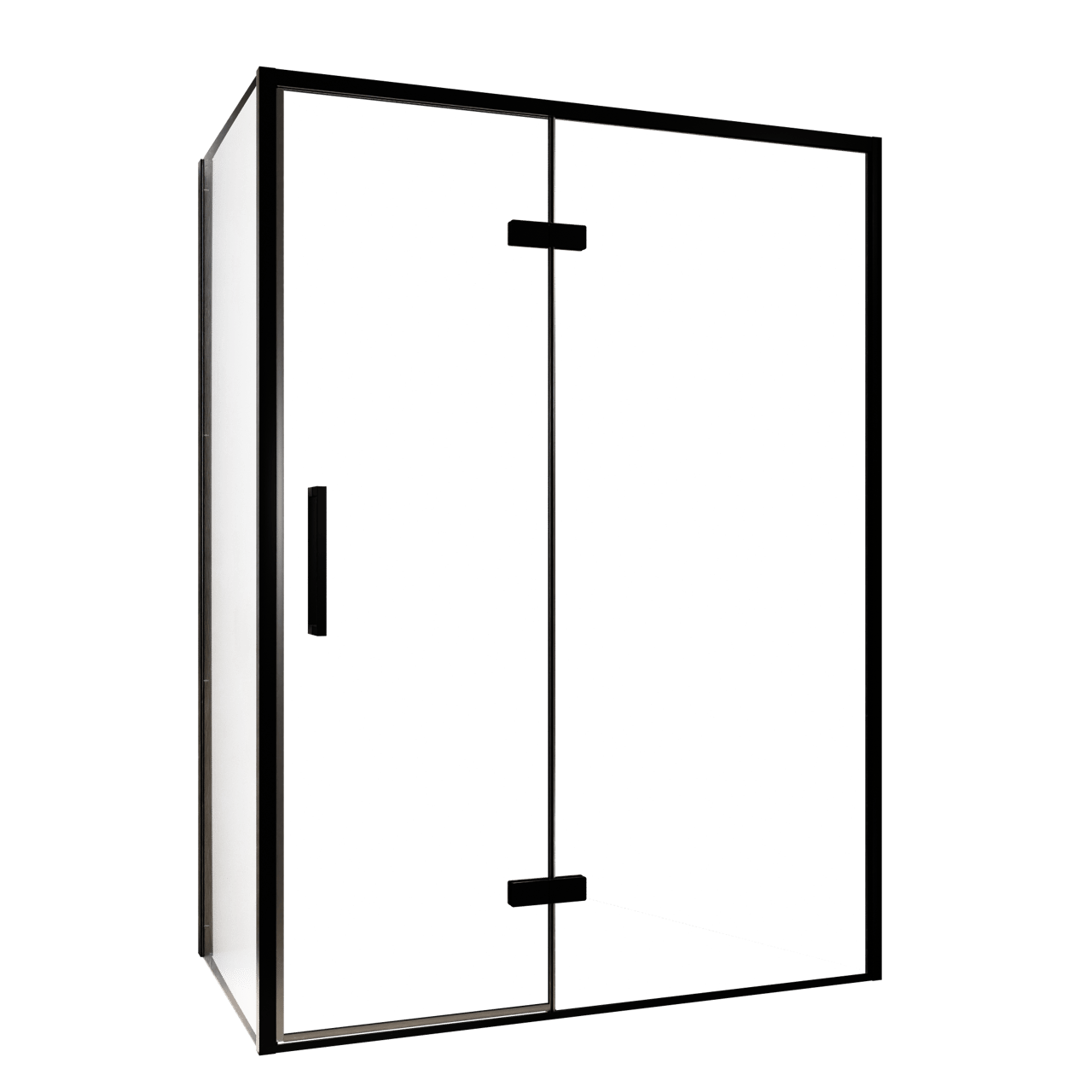 Balmani Senses Design douche en coin avec porte pivotante à droite et paroi latérale fixe, 140 x 90 cm, Verre transparent, Profil noir, coating inclus, coating inclus