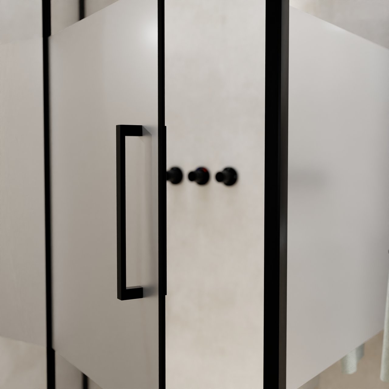 Balmani Senses Design douche en coin avec porte pivotante à gauche et paroi latérale fixe, 140 x 90 cm, Verre transparent avec bande matte, Profil noir